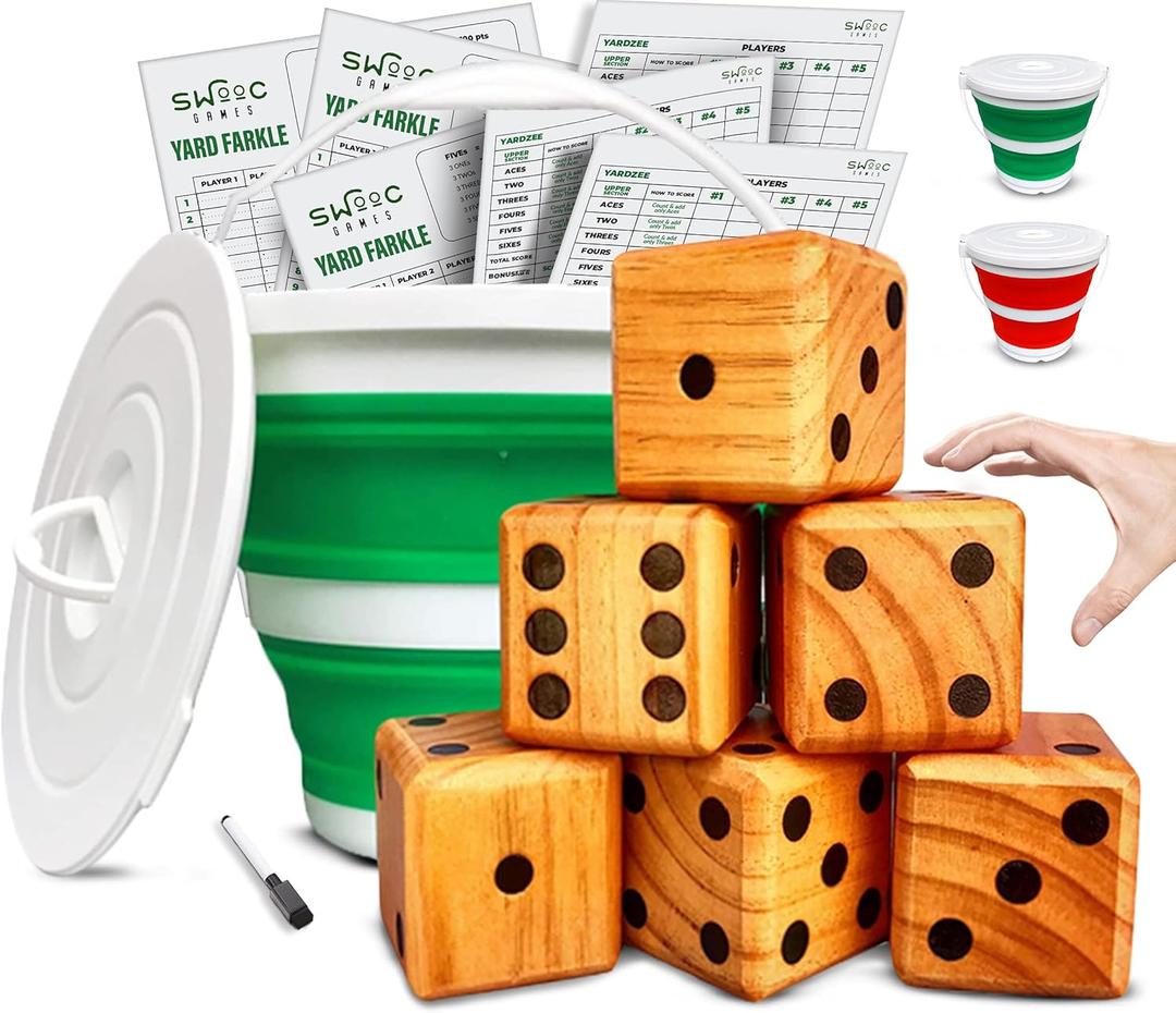 SWOOC Games - Yardzee & Farkle with 20+ Giant Dice - All Weather Yard Dice, Scorecards & Marker - Outdoor Games for Adults (3.5" Dice, Green)