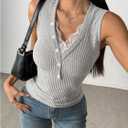 SOLY HUX Women's Lace Trim Tank Top V Neck Sleeveless Button Ribbed Knit Casual Summer Tops (Gray, M)