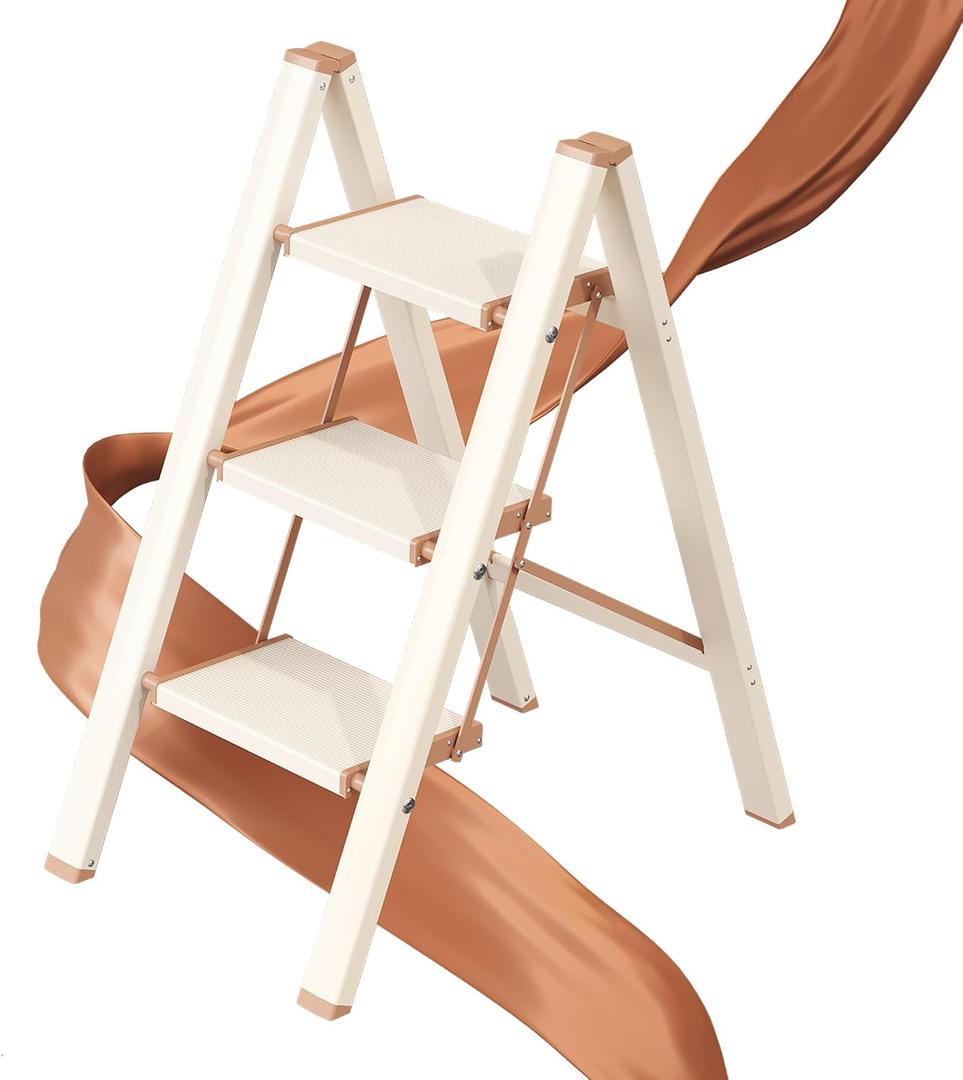 3 Step Ladder, Folding Step Stool with Wider Pedal, Anti-Slip Feet & Non Slip Stripes, Aluminum Sturdy Material, 300Lbs Capacity, Elegant Look of Cream Chocolate Better Matches Your Home, Cream Chocolate