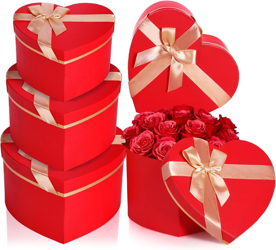 Red 4 Pcs Valentines Heart Shaped Gift Box with Lid for Flower Arrangement Large Present Gift Box for Valentine's Day Wedding Birthday Anniversary Party (Classic)