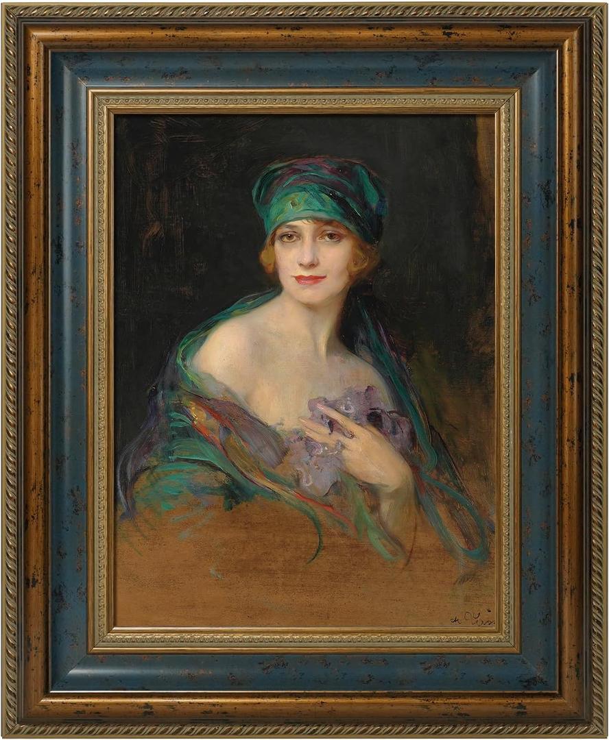 Antique French Painting Frame for 18x24 Stretched Canvas, 3.5" DIY Wood Wall Frame for Landscape Family Animal Memorial Portraits Wedding Housewarming Gift, No Glass & Back (Blue Gold)