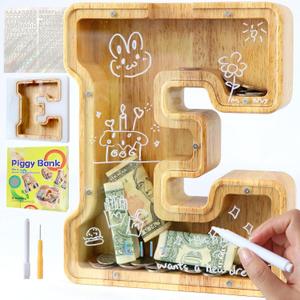 Large Letter Piggy Bank for Kids Boys Girls Wooden Personalized Piggy Banks A-Z with Target Area Clear Alphabet Banknote Coin Banks for Gift Decoration Baptism (E)