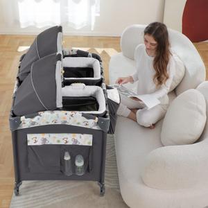 Twin Bassinet & Full-Size Infant Bedside Bassinet & Playard for Baby, Includes 2 Removable Rock-A-Bye Portable Bassinets with Storage Bags, Gray (Grey)