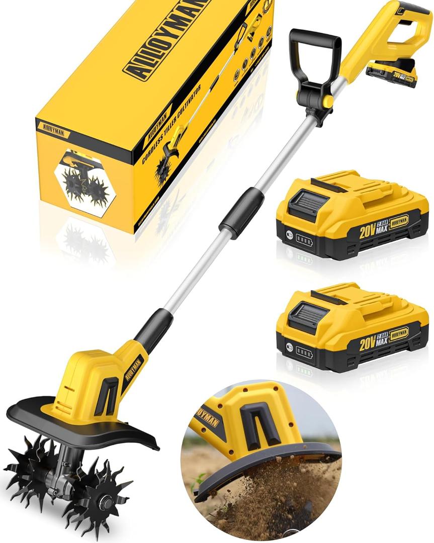 Alloyman 20V Cordless Tiller Cultivator, 360RPM Electric Garden Tiller, with 2 * 2.0Ah Batteries & Charger, 9In Tilling Width and 6.6In Depth Garden Rototiller for Lawn/Gardening/Soil Cultivation