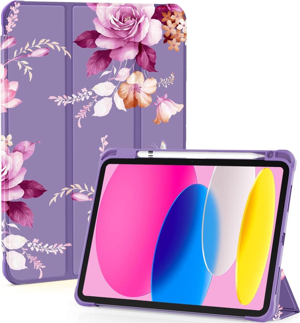 OKP Case for iPad 11th Generation 11-inch (A16) 2025, for 10.9'' iPad 10th Gen 2022, Slim Lightweight i Pad 11/10 th Gen Cover with Trifold Stand, Auto Wake/Sleep, Clear PC Back Shell, Purple Peony