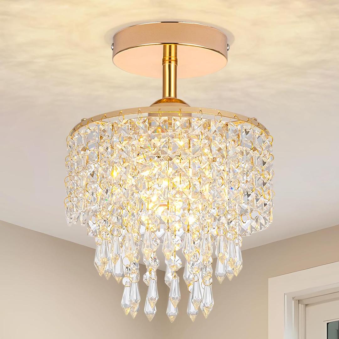 Mini Crystal Chandelier 3-Tier Raindrop Semi Flush Mount Ceiling Light Fixture Crystal Chandeliers for Bedroom Kitchen Hallway Bathroom Closet (Gold)