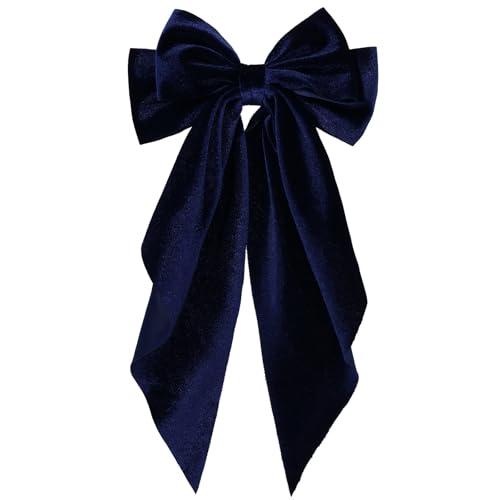 Big Velvet Hair Ribbon Hair Bow Clip with Long-Tail Navy Blue French Barrettes for Women Girls Oversized Vintage Wedding Prom Dance Party Dress Hair Decor Accessories