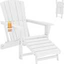 Folding Adirondack Chair with Retractable Ottoman,HDPE Outdoor Adirondack Chair with Cup Holder,All-Weather Lounge Chairs for Outside,Patio,Pool,Fire Pit,White