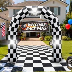 8FT Black and White Checkered Outdoor Race Car Inflatable Arch with Happy Birthday Banner, Blow Up Racing Party Decoration with Built-in 3 LED Lights for Race Car Themed Birthday Party Lawn Yard Decor