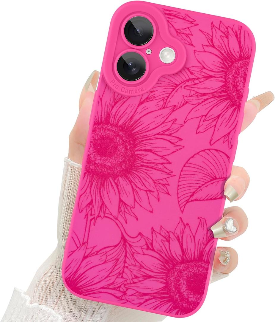 Fiyart Designed for iPhone 16 Case Cute Flower Floral Sunflowers Design,Soft Slim TPU Anti-Scratch Phone Cover for Women Girls 6.1"-Hot Pink