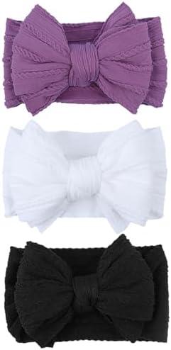 LemonSpace Handmade Baby Girls Headbands Soft Stretchy Nylon Hair Bands Hair Accessories with Bows for Newborn Baby Girls Infant Toddlers Kids(White Black Purple)