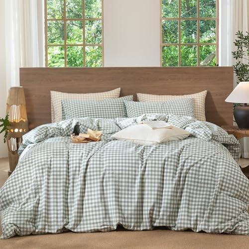 MooMee Gingham Duvet Cover Set 100% Washed Cotton Linen Like Textured Breathable Durable Soft Comfy Modern Checkered Design (Sage Green Gingham, Super Queen 90"x98")