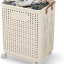 Large Laundry Basket with Wheels and Handles, 17 Gal (64L) Dirty Clothes Hamper, Foldable Design from Spacious to Slim Laundry Hamper, Rolling Laundry Basket for Bathroom, Bedroom, Dorm, Beige