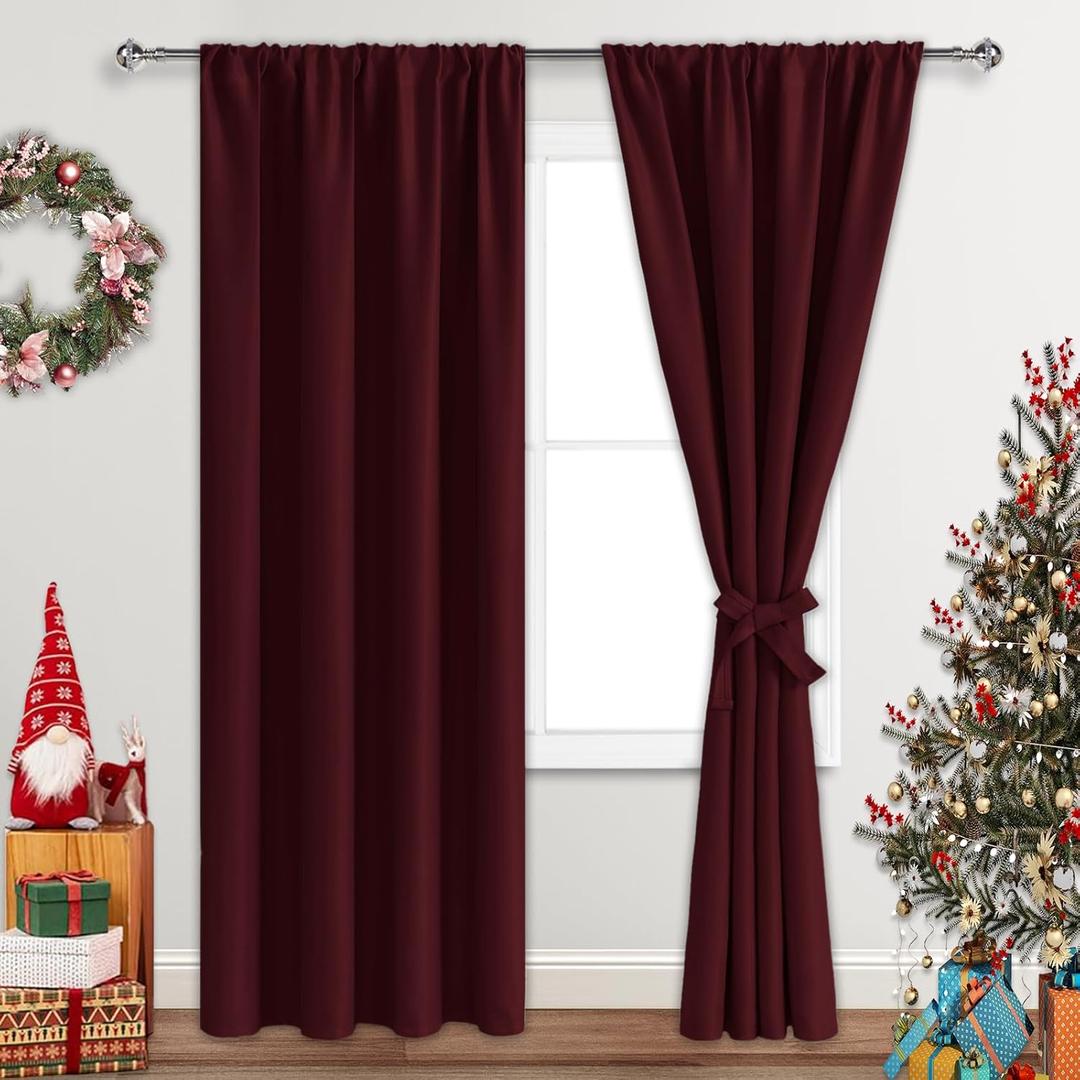JIUZHEN Christmas Blackout Curtains for Bedroom - Thermal Insulated Room Darkening Rod Pocket Curtains for Living Room, Set of 2 Panels with Tiebacks, 42 x 84 Inch Length, Burgundy