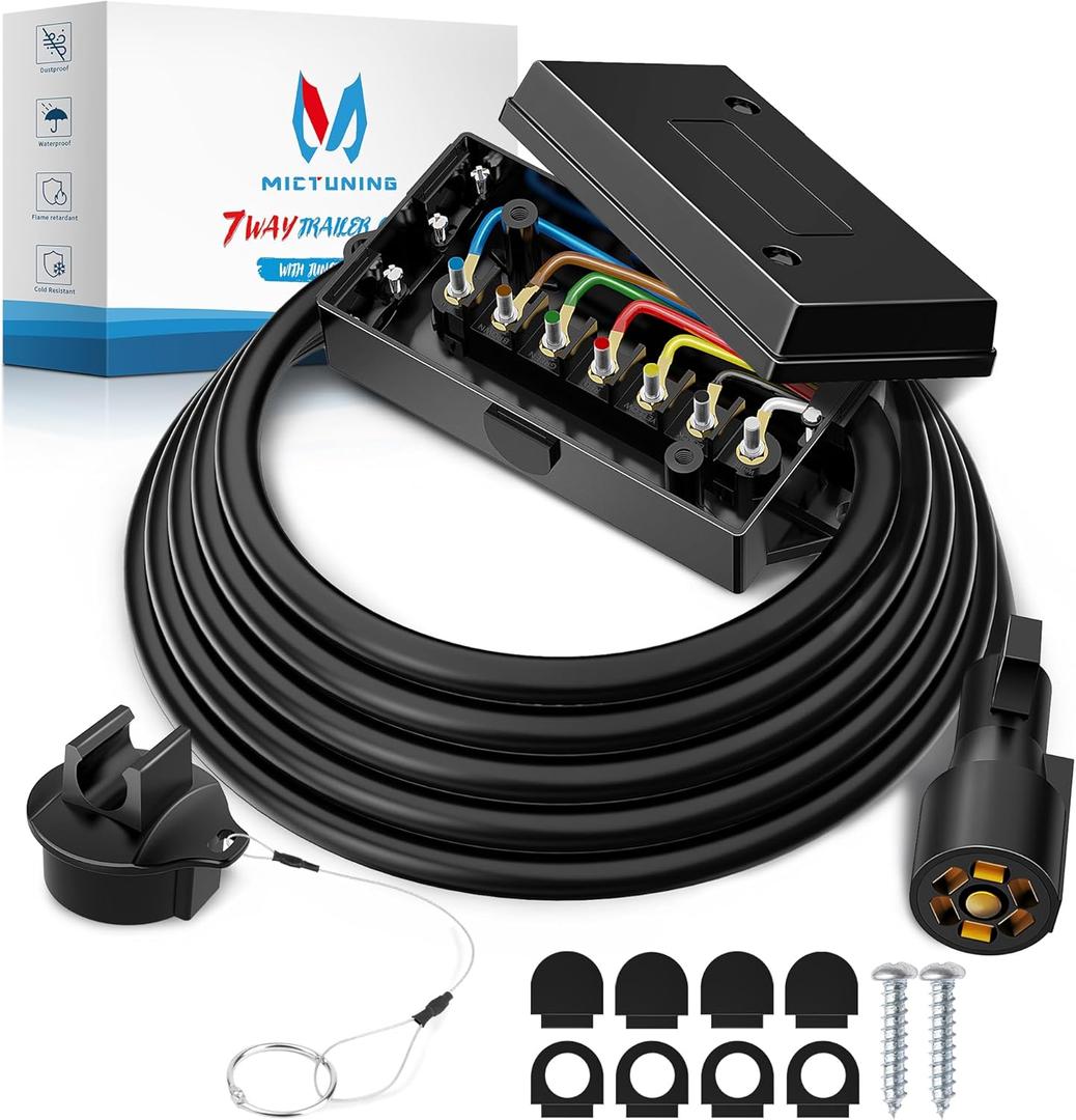 MICTUNING Heavy Duty 7 Way Plug Inline Trailer Cord with 7 Gang Junction Box 8 Feet, Weatherproof