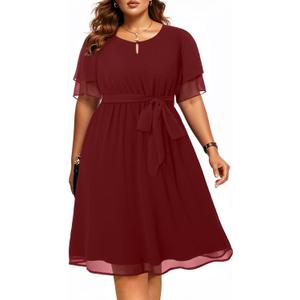 Pinup Fashion Plus Size Dresses for Wedding Guest - Semi Formal Cocktail Chiffon Keyhole Neck Knee Length Dress (Burgundy) (No Size Specified)