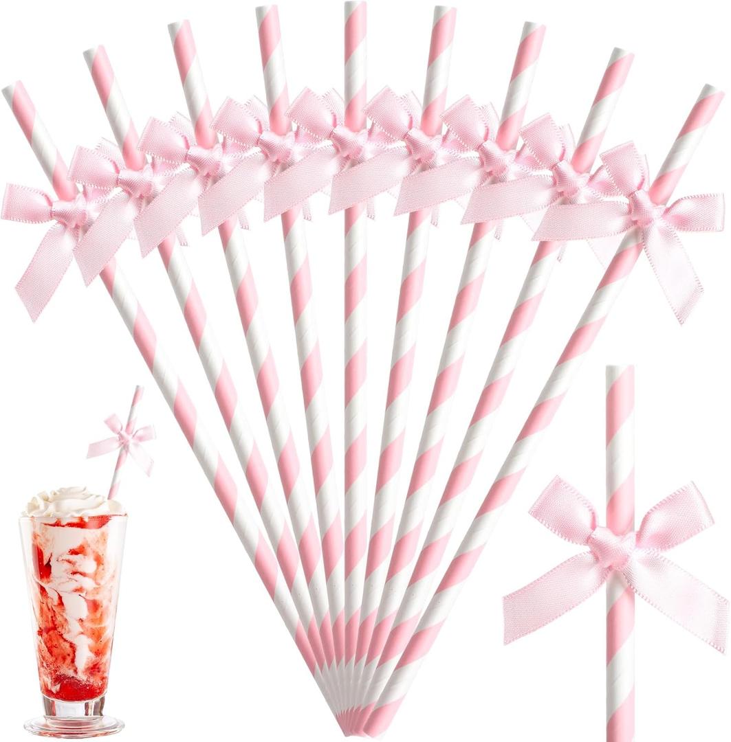 50 Pcs Pink Bow Paper Straws Bulk Pink and White Disposable Striped Straws for Drinking, Pastel Theme Party Supplies for Birthday Wedding Bachelorette Baby Shower Cake Decor
