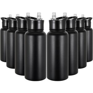 32 oz Insulated Water Bottle Bulk 8 Pack, Stainless Steel Sports Water Bottles with Straw Lid & Wide Mouth Lids, Double Walled Vacuum, Leak Proof, Black