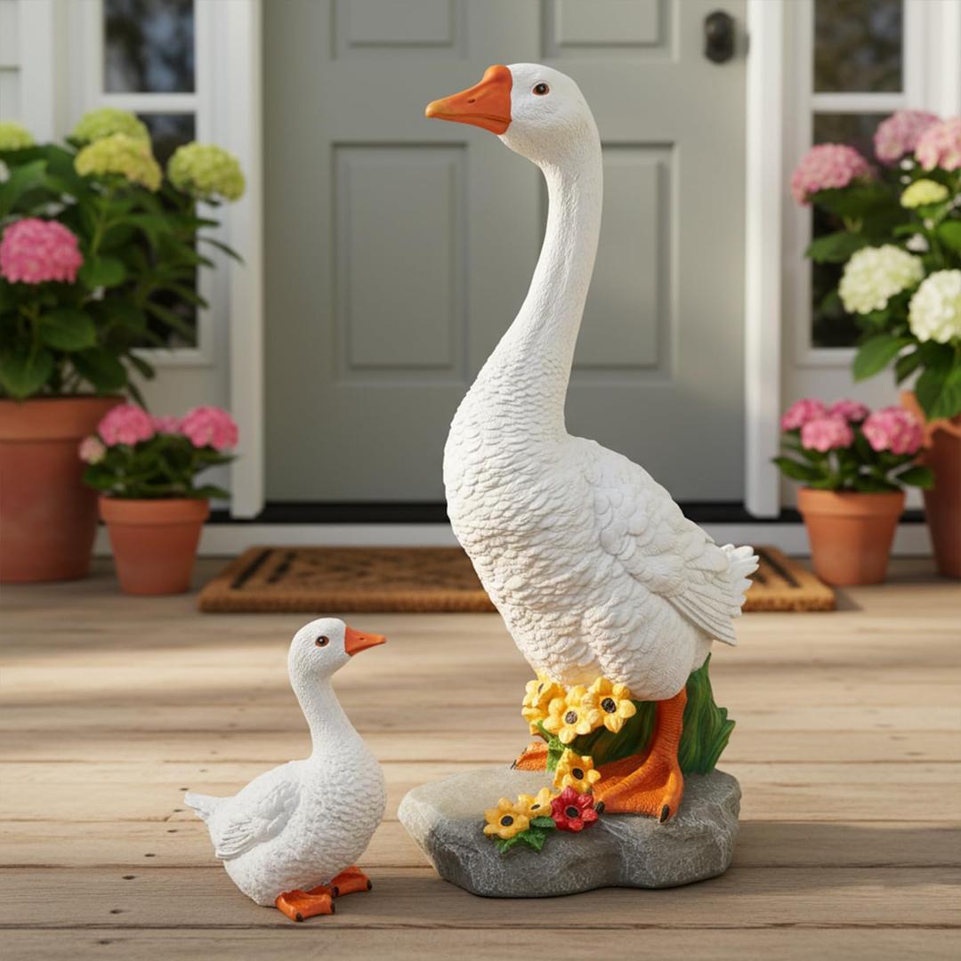 Porch Goose Garden Statue 2 Pack, Mom and Baby Goose Garden Decor, 20 Inches High Goose Statue, Big Resin Yard Decor, Outdoor Geese Figurine for Patio,Porch,Yard,Lawn Ornament, Gifts for Mom