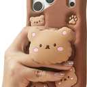 Kawaii 3D Teddy Bear Phone Case for iPhone 17 Pro Max (with Retractable Phone Stand & Grip) Cute Girly Cartoon Soft Silicone Phone Cover for Girls, Kids, Teens, and Women, Brown