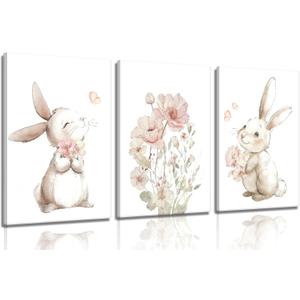Grengel Pink Girl Nursery Bunny Canvas Wall Art Cute Rabbit Wildflowers Painting Pictures Wall Decor Botanical watercolor Flower Poster printing artwork For Baby Boys and Girls Playroom paintings, 24L" x 16W"