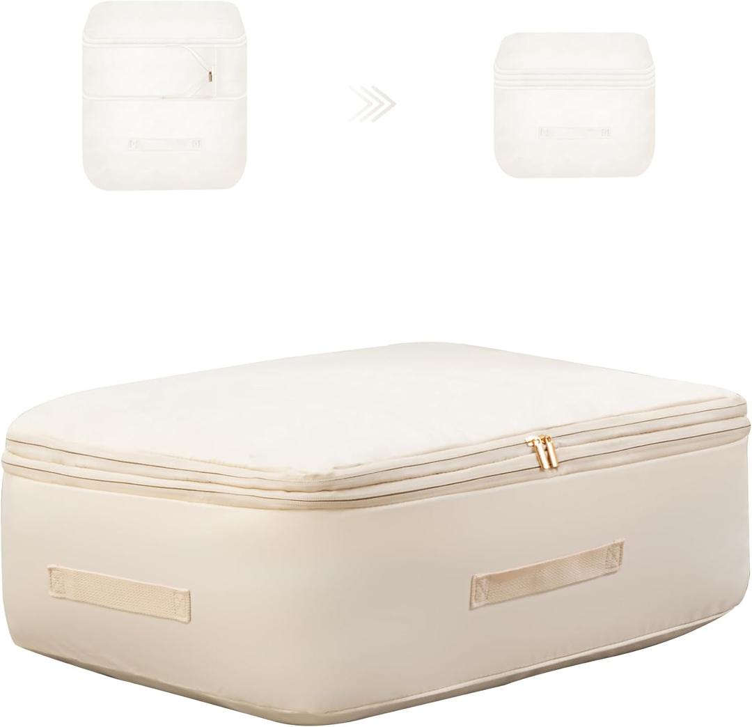 Ultra Space Saving Self Compression Organizer, Comforter Storage Bag for Clothes, Blankets, Pillows, Duvet, Comforters, Bedding Sets and Much More (Khaki,L - 54 * 42 * 30cm)