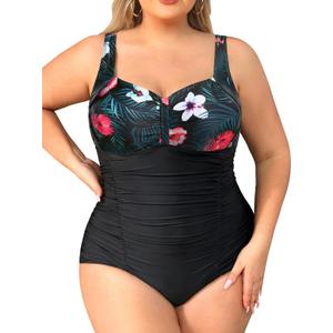 Daci Women Plus Size One Piece Swimsuits - Tummy Control Retro Ruched Bathing Suits Vintage Swimwear (X-Large, Floral and Black)