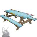 Summer Beach Picnic Table Cover with Bench Covers Blue Wooden Plank Fitted Rectangle Table Cover Outdoor Patio Camping Essentials 60 inch 3PCS Camping Fitted Tablecloth with Drawstring Bag (Multi Color)