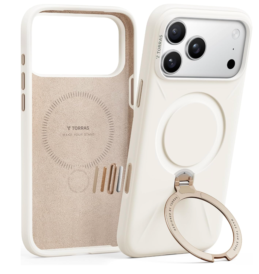 TORRAS Q3 Silicone for iPhone 17 Pro Max Case Stand, Fit for MagSafe, Liquid Silicone Soft Cozy Grip, 360 Spin Magnetic Stand, Camera Control, Protective Case for iPhone 17 Pro Max, Ivory Gold