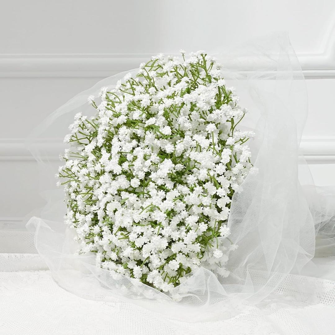 Dolicer 5 Pcs Babys Breath Artificial Flowers, White Long Stem Baby Breath Flowers Artificial Bulk, Real Touch Fake Babys Breath Gypsophila for Wedding Bridal Bouquet Party Arrangements Home Decor