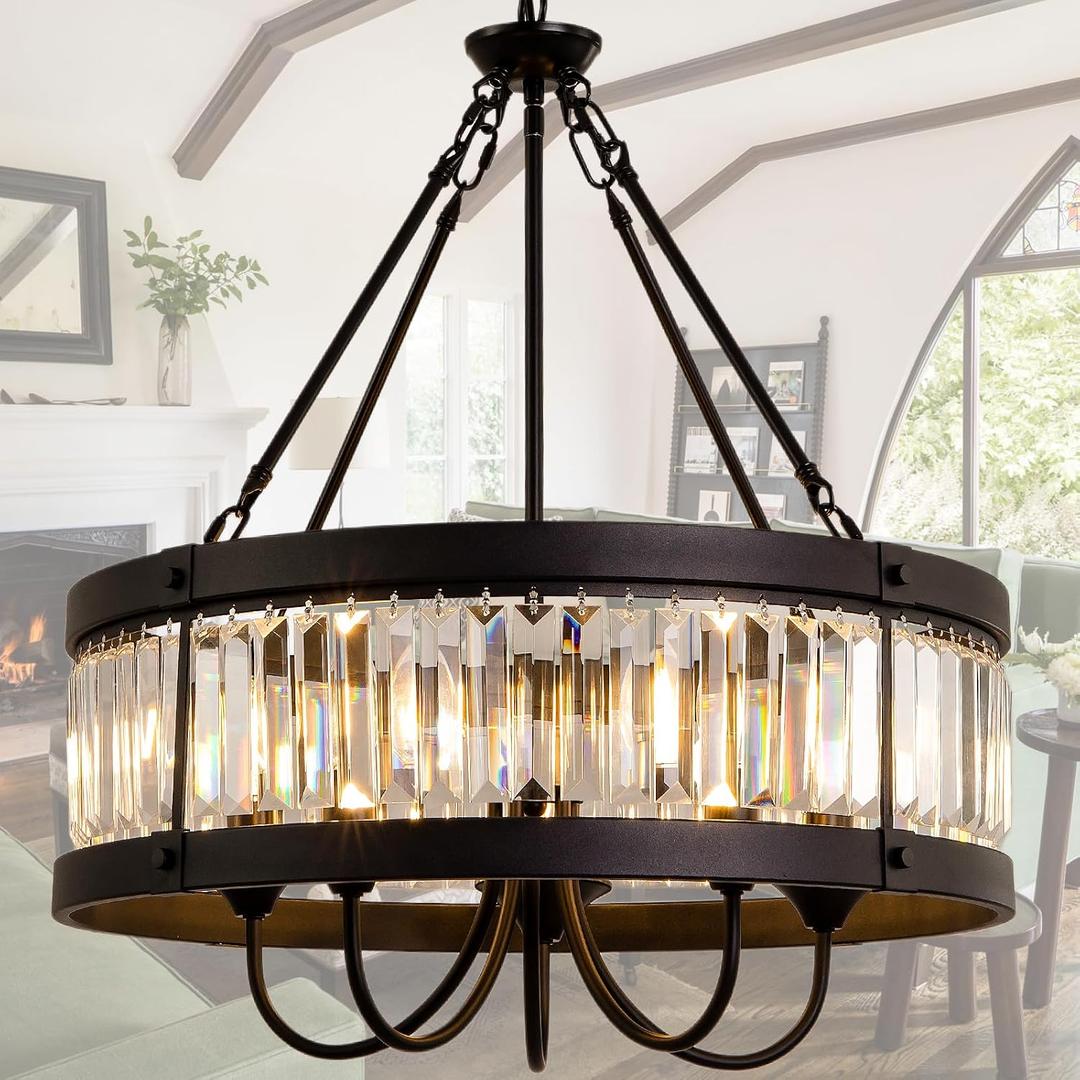 Black Farmhouse Crystal Chandeliers for Dining Room Light Fixture, 21.65inch