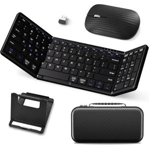 Foldable Keyboard and Mouse, USB-C Rechargeable Folding Wireless Bluetooth Keyboard Combo, Full-Size Portable Travel Keyboard & Mouse for Business Travel, Compatible with Laptop iPad Tablet
