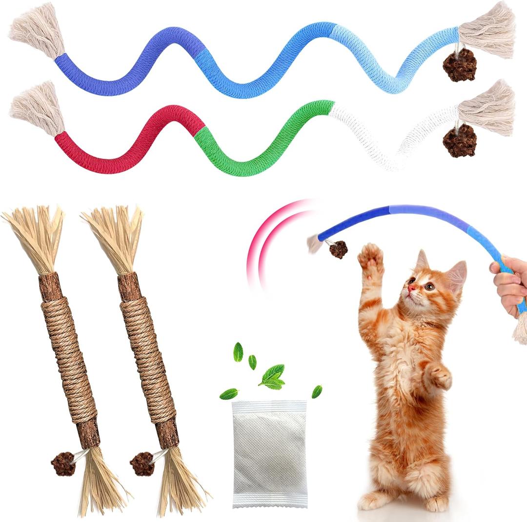 Cat Toys Chew Rope & Silvervine Sticks for Bored Indoor Adult Cats, 4Pcs Interactive Catnip Toys for Cats with Refillable Natural Catnip Bag for Teeth Cleaning (2+2PCS)