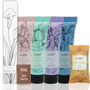 TravelWell Hotel Travel Size, Bulk Amenities and Toiletries for Hospitality, 180 Items, Individually Wrapped, 30 pieces each of Travel Shampoo, Conditioner, Soap Bars, Lotion, Body Wash, Dental Kit