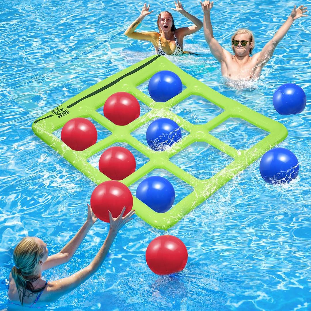 TicTac Shot Pool Toys Games Set- Tic-Tac-Toe Inflatable Pool Toy with 10 Balls - for Adults Teens Kids 2-10 Players, 56" X 54"