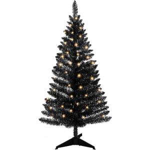 4ft Lighted Artificial Black Christmas Tree, Not Pre-lit Black Tinsel Pine Trees with Lights, Ideal for Ideal for Home, Office, and Xmas Party Décor - Includes Stand