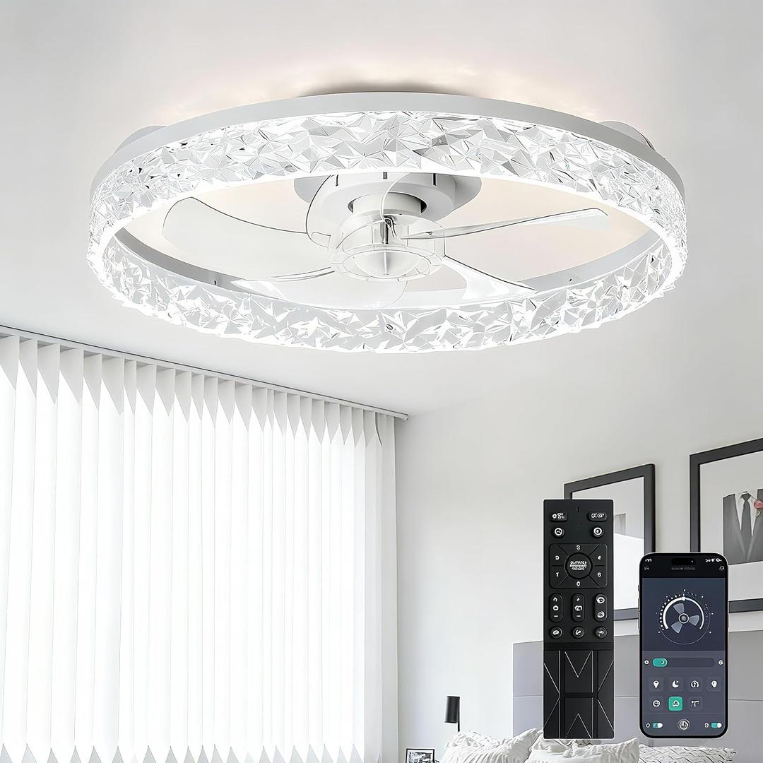 Depuley Ceiling Fans with Lights and Remote: 20" Modern Low Profile Flush Mount LED Ceiling Fan for Bedroom App Control - White Crystal Bladeless Fandelier for Living Room Kitchen Dimmable DC Motor