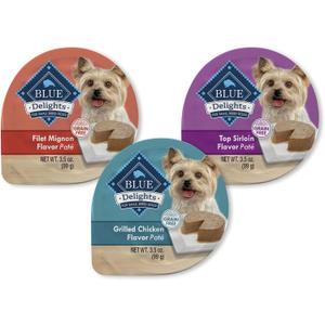 Blue Buffalo Delights Natural Adult Small Breed Wet Dog Food Cups, Pate Style, Chicken, Top Sirloin, and Filet Mignon 3.5-oz (24 Pack- 8 of Each Flavor) (EXP 01/22/27)