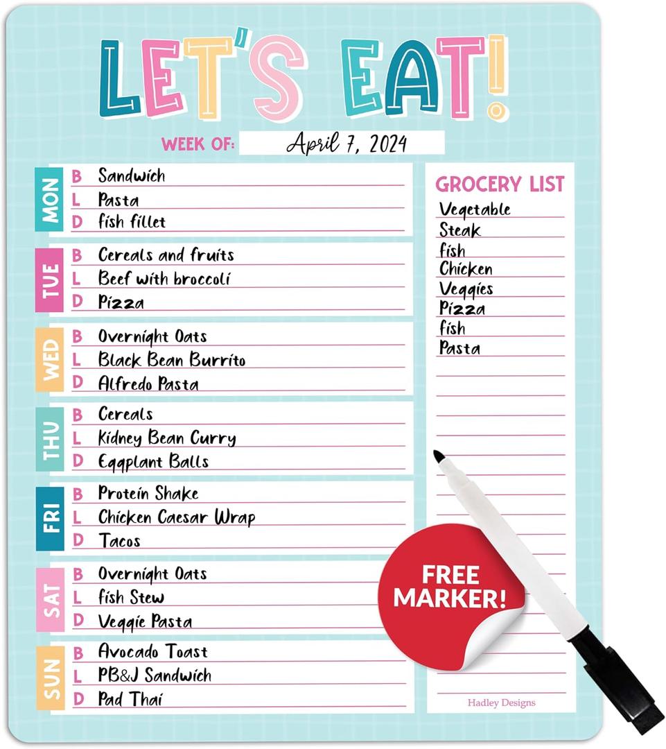 Hadley Designs Colorful Weekly Dinner Menu Board For Kitchen-Magnetic Meal Planner For Refrigerator, Weekly Menu Board Meal Planner for Fridge, Menu Planner Weekly Dry Erase Board