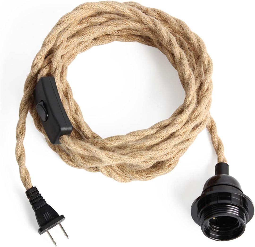 Pendant Rope Light Cord Kit with Switch Plug in, 15ft Twisted Hemp Rope Hanging Light Kit, Industrial Pendant Lighting E26 Lamp Socket, Extension Cords for Retro DIY Project (15ft-1 Pack)
