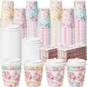 Jingmore 100 Pcs Floral Paper Coffee Cups with Lids and Sleeves Colorful Flower Design Disposable Coffee Cups for Tea Party Wedding Reception Baby Shower Supplies (8 oz)