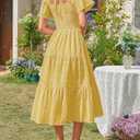 MEROKEETY Women's 2026 Summer Flowy Midi Maxi Dress Short Sleeve Square Neck Smocked Tiered Ruffle Boho Dresses with Pockets (Yellow, S)