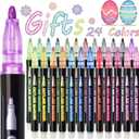 Glitter Markers Outline Pens Metallic, 24 Self Outlining Glitter Pens Adult Coloring Double Line Outline Markers,Gel Sparkle Outliner Shimmer,Teen Gifts Drawing Cool Fun Magic Stuff