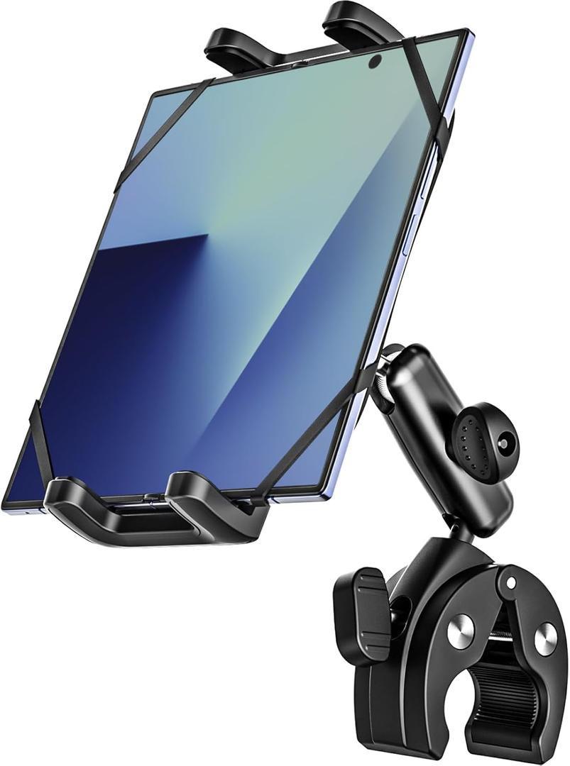 Motorcycle Mount for Z Fold, Sturdy Metal Arm Bike Tablet Holder, [Security Silicone Strap] Bicycle Handlebar Clamp for Z Fold 7 6 5 4 3 2, Galaxy S A, Tab, 4"-13" Device