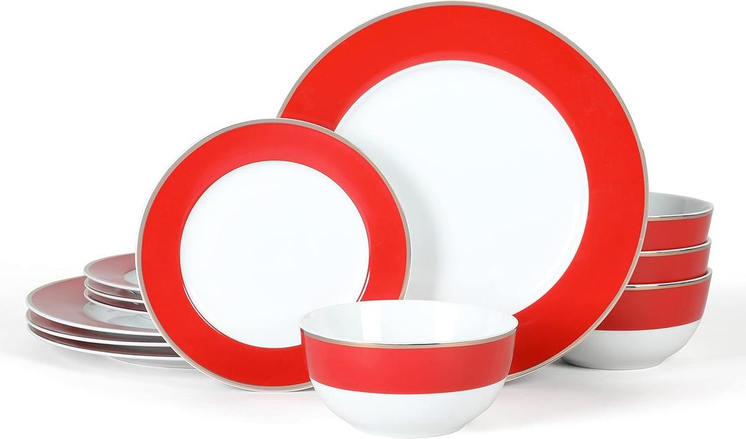 Martha Stewart Gracie Lane 12-Piece Porcelain Chip and Scratch Resistant Decorated Dinnerware Set - Redw/Gold Rim (Service for 4 (12pcs), Persimmon w/ Gold Rim)