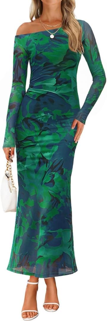 ZESICA Women's Long Sleeve Floral Maxi Dress 2026 Fall Off Shoulder Bodycon Ruched Mesh Cocktail Wedding Guest Dresses (M)
