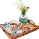 Mela Artisans 16 x 12 x 2.5 Mango Wood Serving Tray with Handles Ottoman Scalloped White Burnt Large Handcrafted Wooden Serving Board for Breakfast, Coffee & Home Dcor