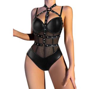 Lilosy Sexy Crisscross Choker Leather Pu Underwire Babydoll Women Harness Teddy Bodysuit Nightshirt One Piece (Fishnet Black)