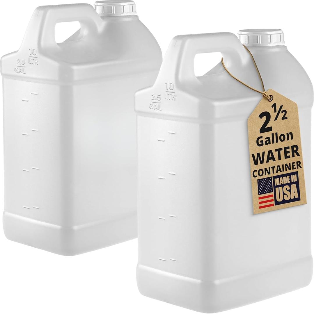 kitchentoolz 2Pack 2.5Gallon Water Container Jug HeavyDuty HDPE Carboy with Handle & Secure ScrewCap Made in USA