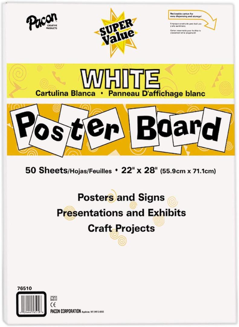 Pacon Super Value Poster Board, 22"X28", White, 50 Sheets